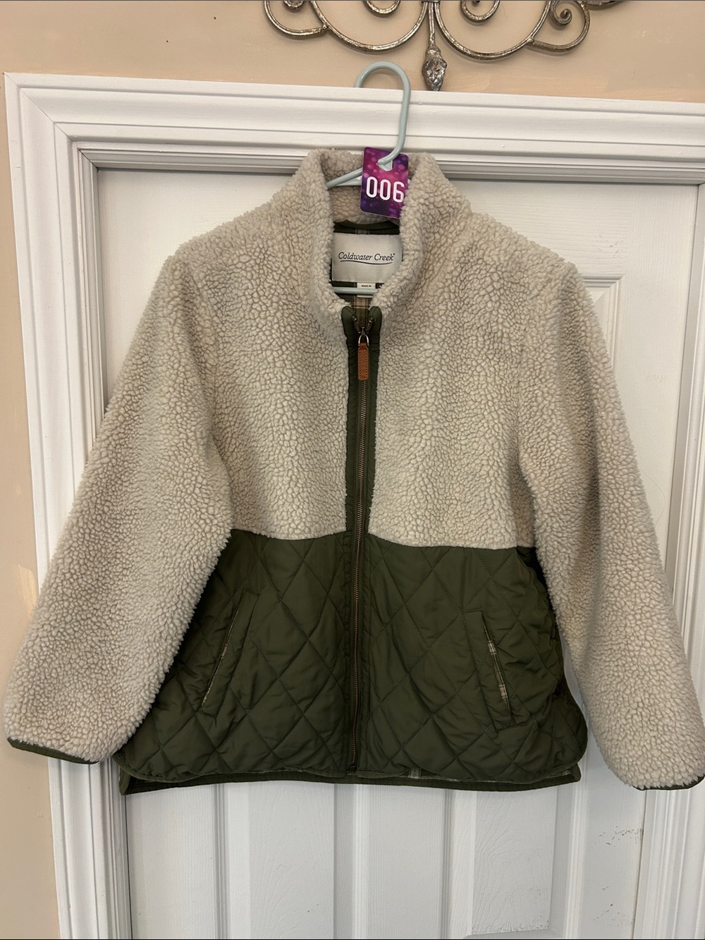 Coldwater Creek Cream Sherpa & Olive Quilted Jacket